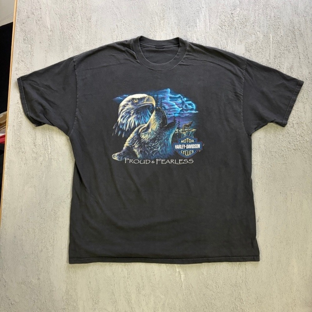 Vintage Harley Davidson T Shirt XXL Black 1990s Proud Fearless Wolf Eagle